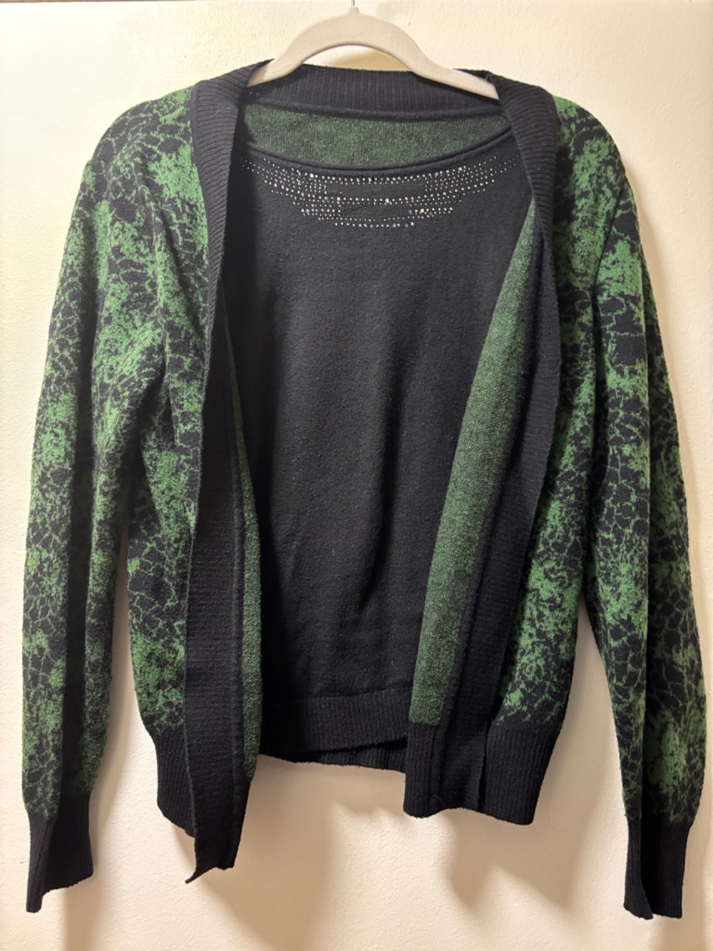Ming Wang Black Cardigan with Green Patterned Accents